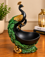 Premium Peacock Decorative Bowl – Black, Green & Gold Elegant Tabletop Showpiece | 11 Inch