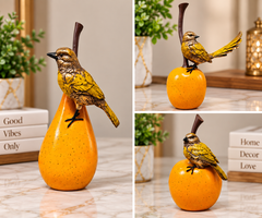 Premium Golden Bird on Orange Fruit Decorative Showpiece | Elegant Tabletop Home Décor Sculpture set of 3