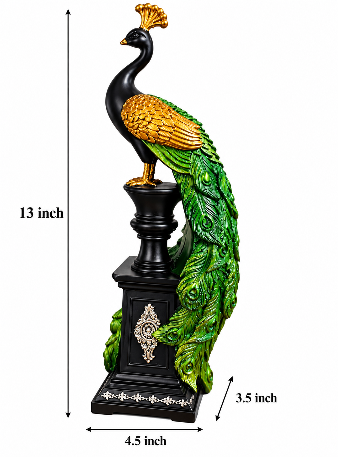 Premium Decorative Peacock Showpiece with Green Feather Tail – 13 Inch Luxury Home Décor Statue