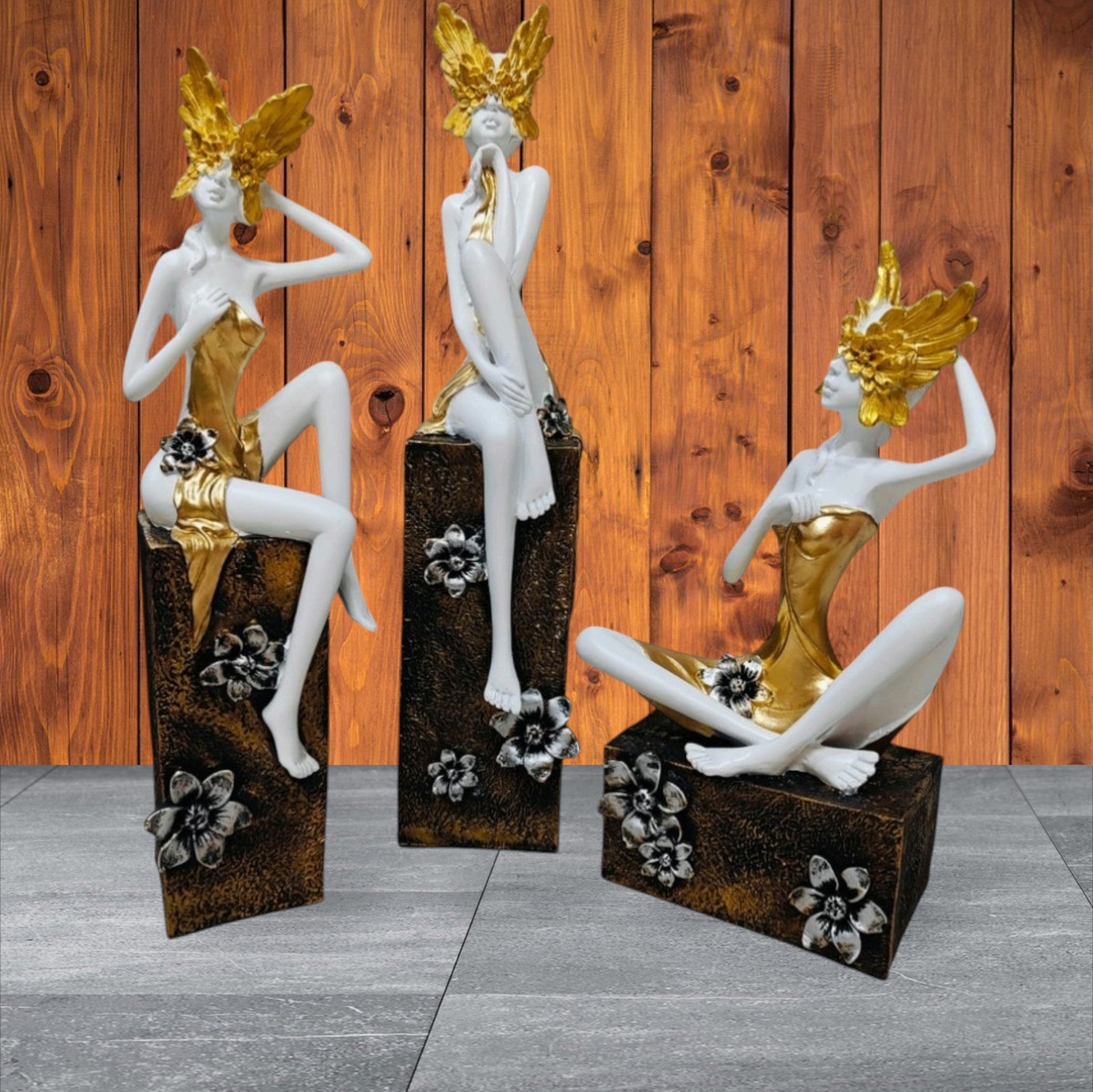 Feminaa Collections Golden Fairy Figurine Showpiece | Elegant Floral Angel Sculpture with Textured Base | Premium Home Décor Accent for Living Room, Bedroom & Office