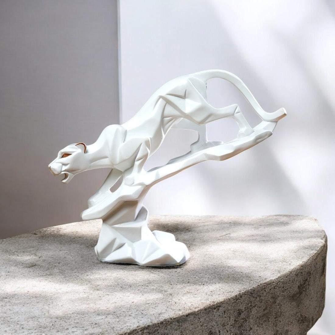 Modern Geometric White Panther Sculpture | Abstract Polyresin Panther Statue | Luxury Home & Office Décor Showpiece
