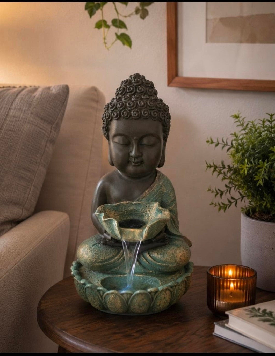 Meditating Buddha Indoor Water Fountain | Polyresin Zen Buddha Tabletop Waterfall | LED Light Fountain for Home, Office & Meditation Décor | Feng Shui Spiritual Showpiece