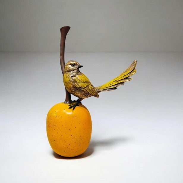 Bird Sitting on Apple Resin Showpiece | Handcrafted Antique Finish Decorative Tabletop Sculpture | Elegant Home & Office Decor | 10 Inch