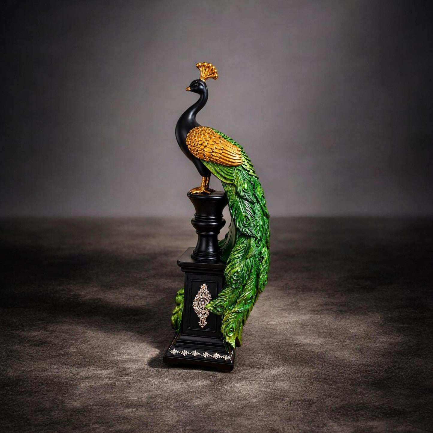 Premium Decorative Peacock Showpiece with Green Feather Tail – 13 Inch Luxury Home Décor Statue