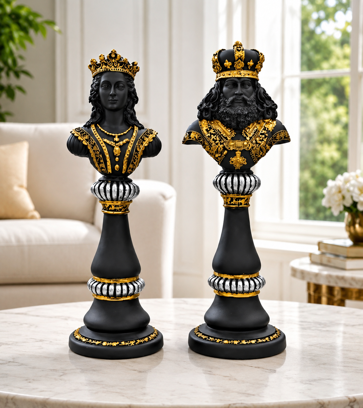 Royal King & Queen Bust Statue Set – Black & Gold Luxury Decorative Showpiece for Home & Office