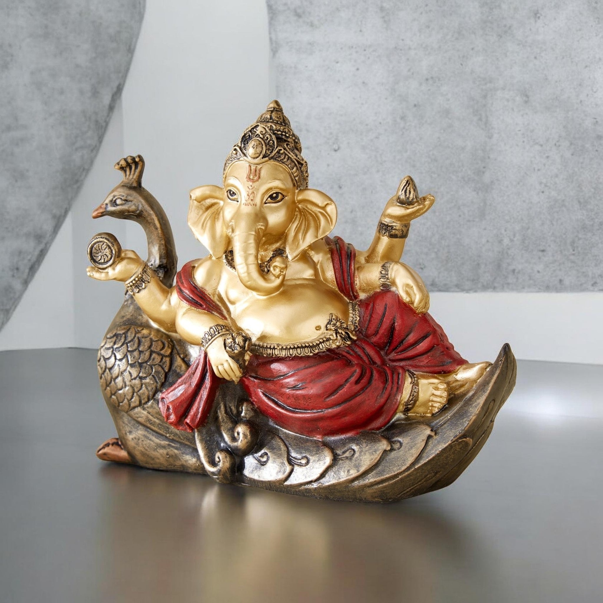 Elegant Polyresin Lord Ganesha on Peacock Figurine | Divine Home Decor Showpiece for Living Room, Office & Temple | Spiritual Gift Item