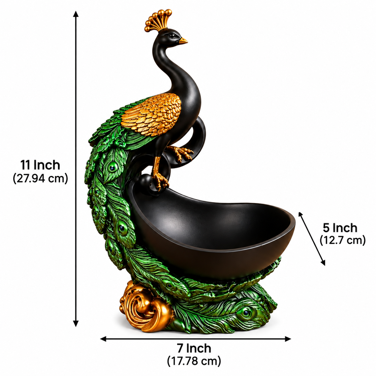 Premium Peacock Decorative Bowl – Black, Green & Gold Elegant Tabletop Showpiece | 11 Inch