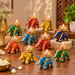 Rajasthani Elephant Tealight Candle Holder – Set of 4 | Handcrafted Colorful Elephant Decor