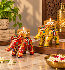 Rajasthani Elephant Tealight Candle Holder – Set of 4 | Handcrafted Colorful Elephant Decor
