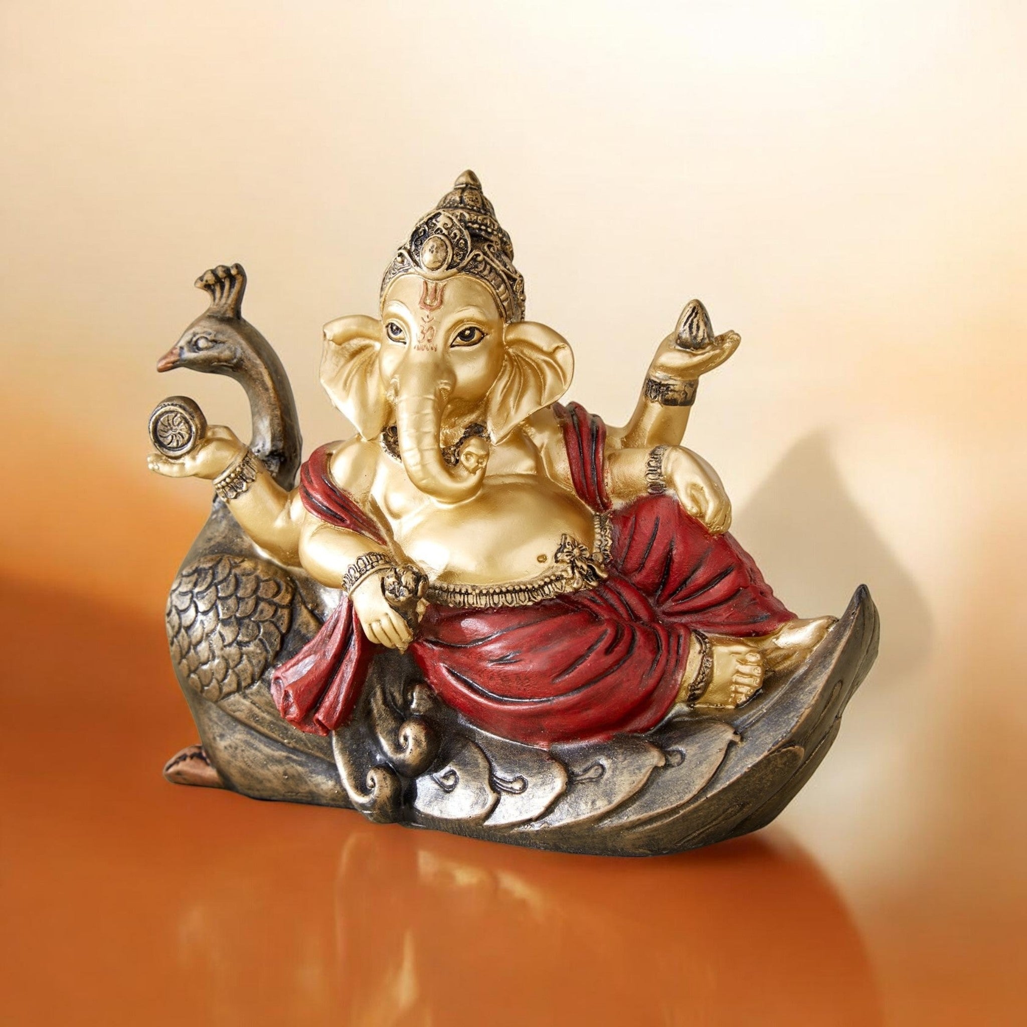 Elegant Polyresin Lord Ganesha on Peacock Figurine | Divine Home Decor Showpiece for Living Room, Office & Temple | Spiritual Gift Item