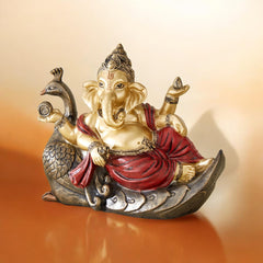 Elegant Polyresin Lord Ganesha on Peacock Figurine | Divine Home Decor Showpiece for Living Room, Office & Temple | Spiritual Gift Item