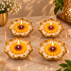 Sunflower Wax Tealight Candle Holder – Set of 4 | Golden Decorative Diya for Home Decor & Gifting
