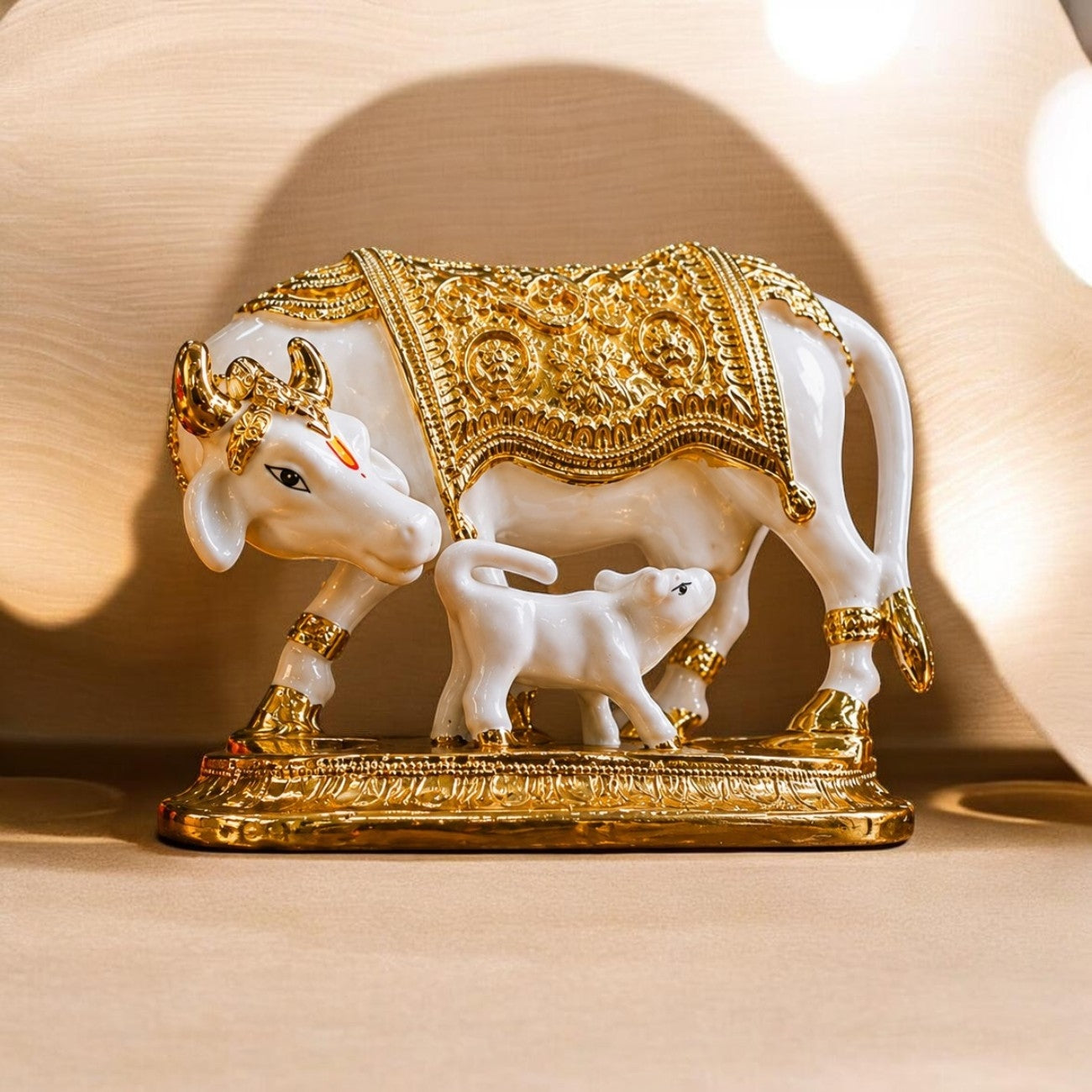 Kamadhenu Cow & Calf Statue – White and Golden Decorative Showpiece for Home, Pooja & Office