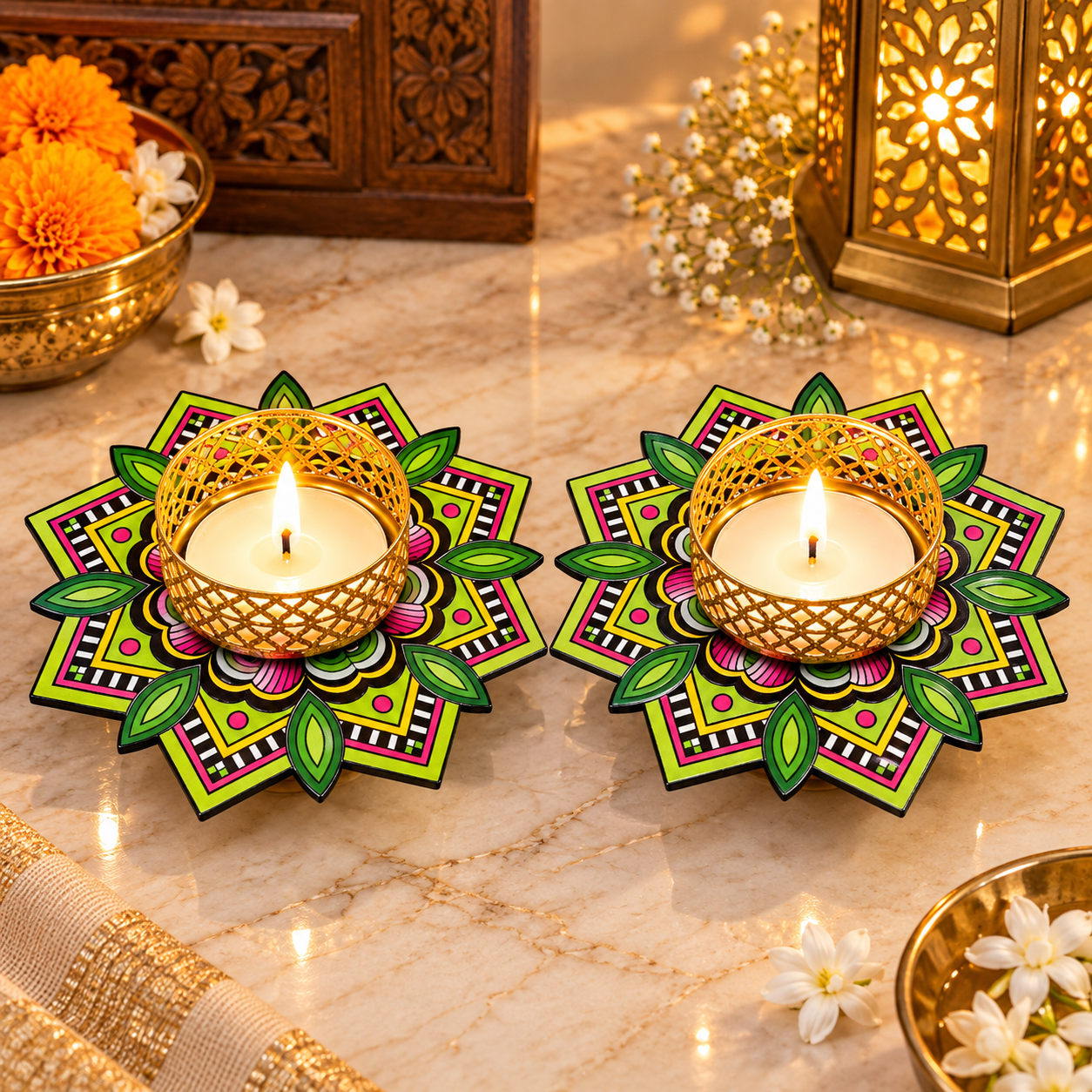 Rangoli Glow Decorative Candle Holder – Premium Metal Lotus Tealight Stand | Festive Home Decor & Gifting