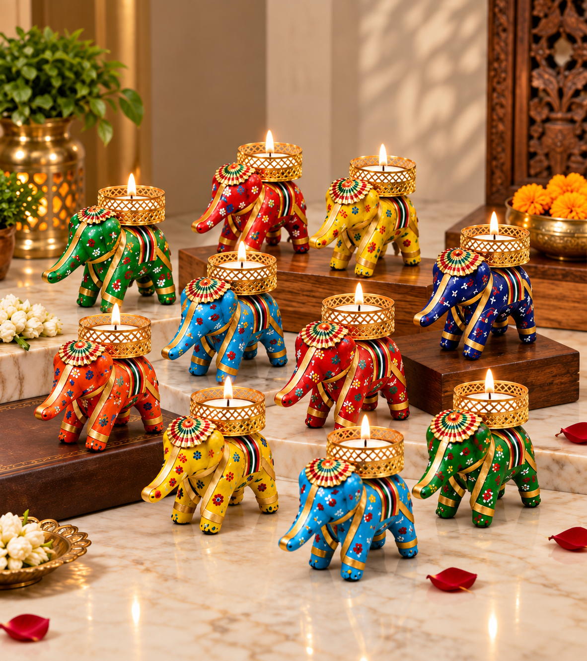Rajasthani Elephant Tealight Candle Holder – Set of 4 | Handcrafted Colorful Elephant Decor