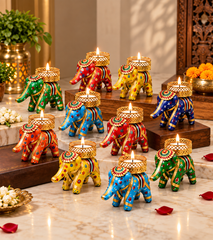 Rajasthani Elephant Tealight Candle Holder – Set of 4 | Handcrafted Colorful Elephant Decor