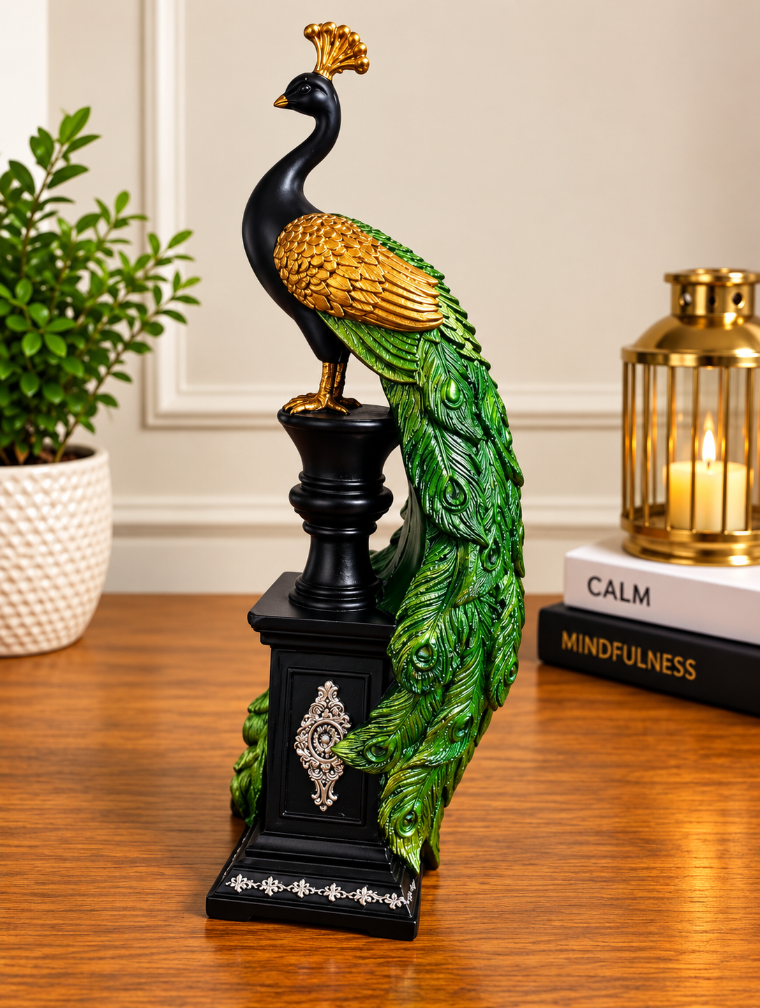 Premium Decorative Peacock Showpiece with Green Feather Tail – 13 Inch Luxury Home Décor Statue