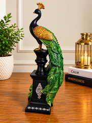 Premium Decorative Peacock Showpiece with Green Feather Tail – 13 Inch Luxury Home Décor Statue