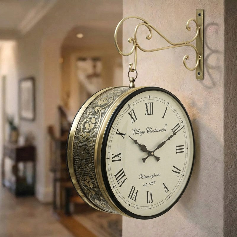 Timeless Platform Elegance – 6″ Double-Sided Vintage Railway Station Wall Clock in Shiny Gold