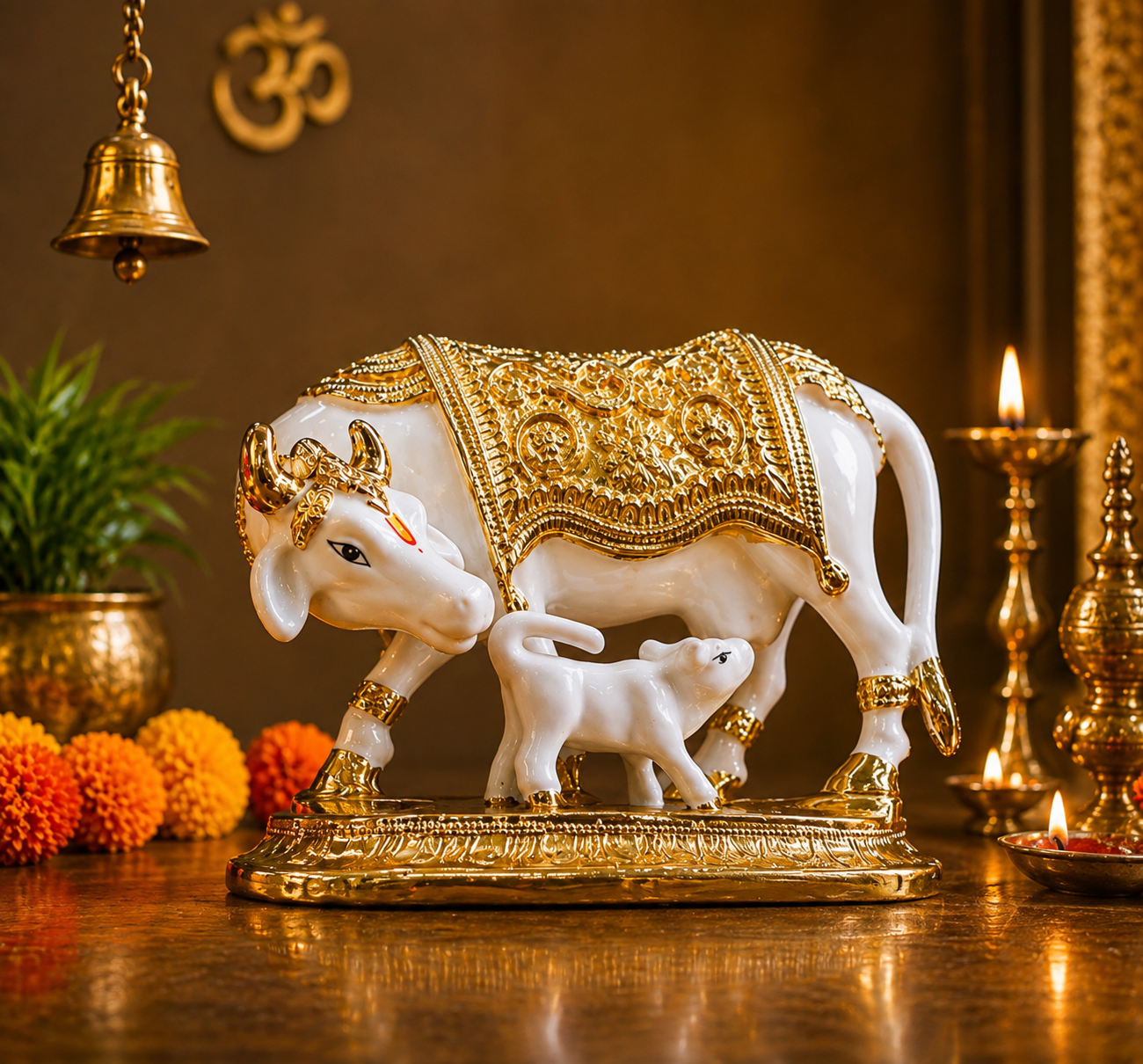 Kamadhenu Cow & Calf Statue – White and Golden Decorative Showpiece for Home, Pooja & Office