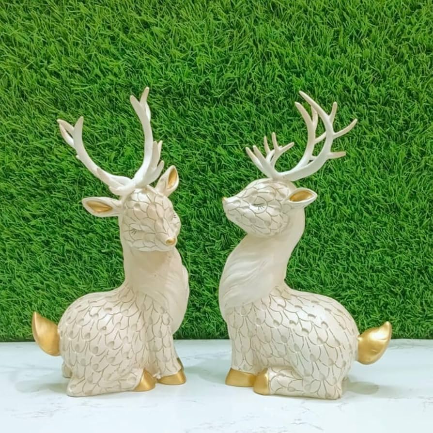 Set of 2 White & Gold Deer Showpieces for Home Decor | Premium Resin Reindeer Figurines | Luxury Decorative Deer Statue for Living Room, Office, Bedroom, Shelf & Tabletop | Elegant Gift Item