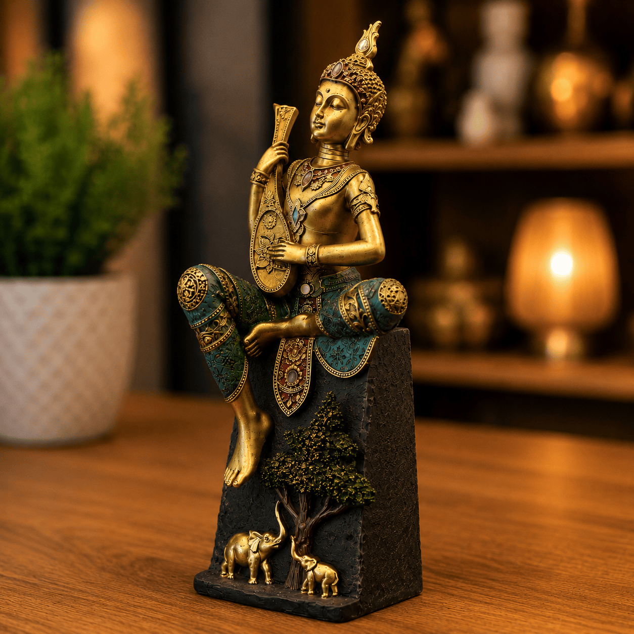Harmony Grove Buddha – Musical Buddha with Elephant & Sacred Tree Showpiece