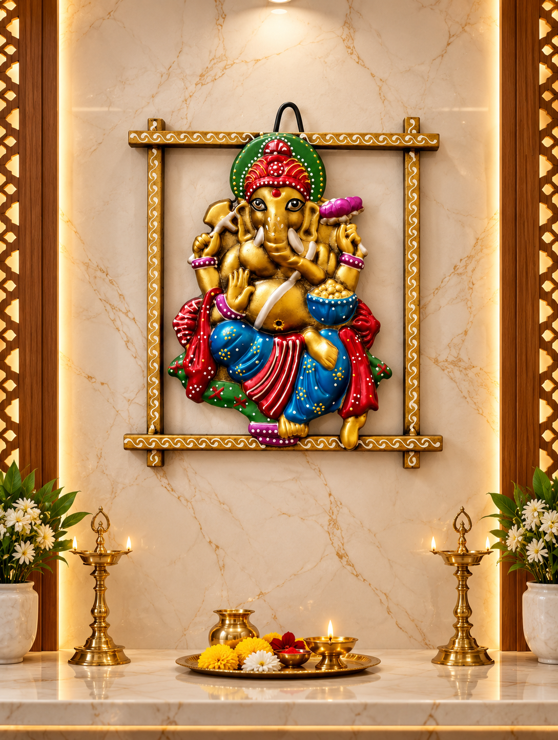Lord Ganesha Wall Hanging for Home Decor | Handcrafted Ganpati Idol with Decorative Frame | Religious Wall Art for Living Room, Pooja Room & Office | 10 x 9 Inch