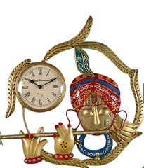 Handcrafted Metal Krishna Wall Clock for Home Décor | Lord Krishna Design Spiritual Wall Art for Living Room, Bedroom, Temple & Office | Elegant Religious Gift Item (Multicolour, Iron Art)
