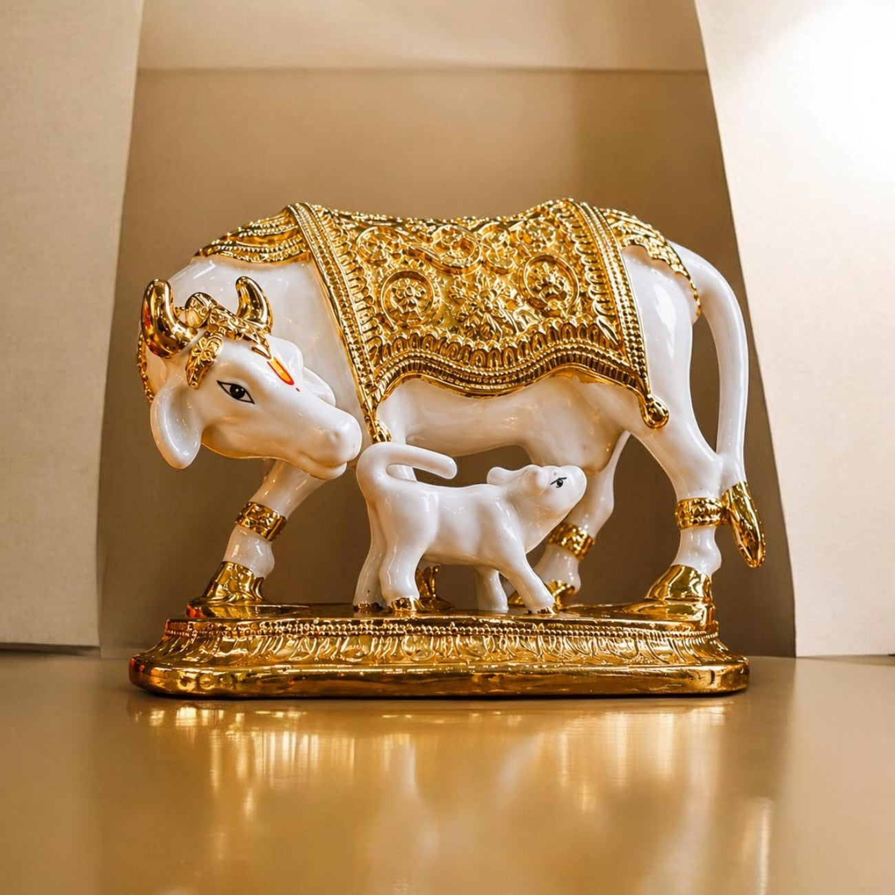 Kamadhenu Cow & Calf Statue – White and Golden Decorative Showpiece for Home, Pooja & Office