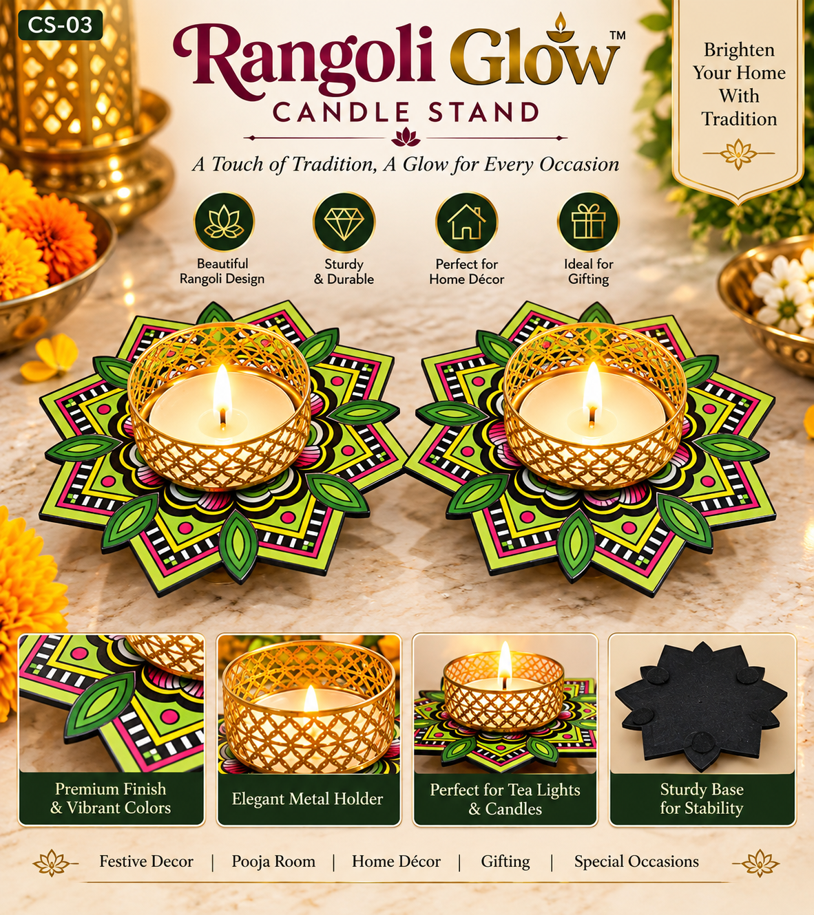 Rangoli Glow Decorative Candle Holder – Premium Metal Lotus Tealight Stand | Festive Home Decor & Gifting