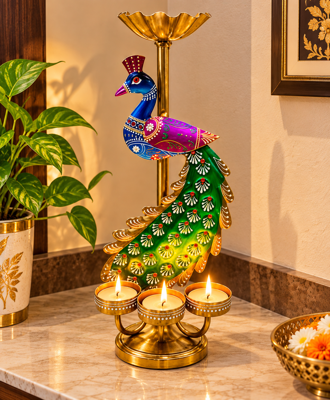 Royal Peacock Diya Candle Holder – Handcrafted Brass 3-Tealight Decorative Stand | 12 × 8 Inch