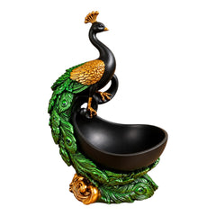 Premium Peacock Decorative Bowl – Black, Green & Gold Elegant Tabletop Showpiece | 11 Inch