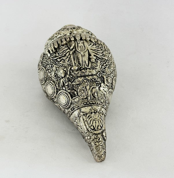 Silver Plated Vishnu Shankh for Pooja & Home Decor | Spiritual Decorative Conch Shell for Temple, Mandir & Vastu